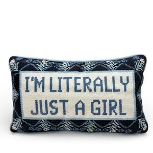 Needlepoint Blue I’M JUST A GIRL Accent Pillow 9x15 in. Rectangular NEW